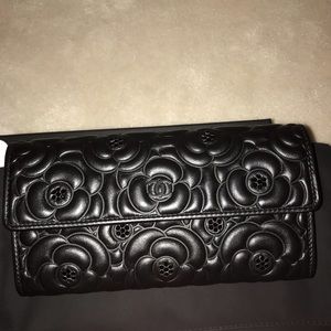 Chanel Camellia wallet w/black embellished jewels
